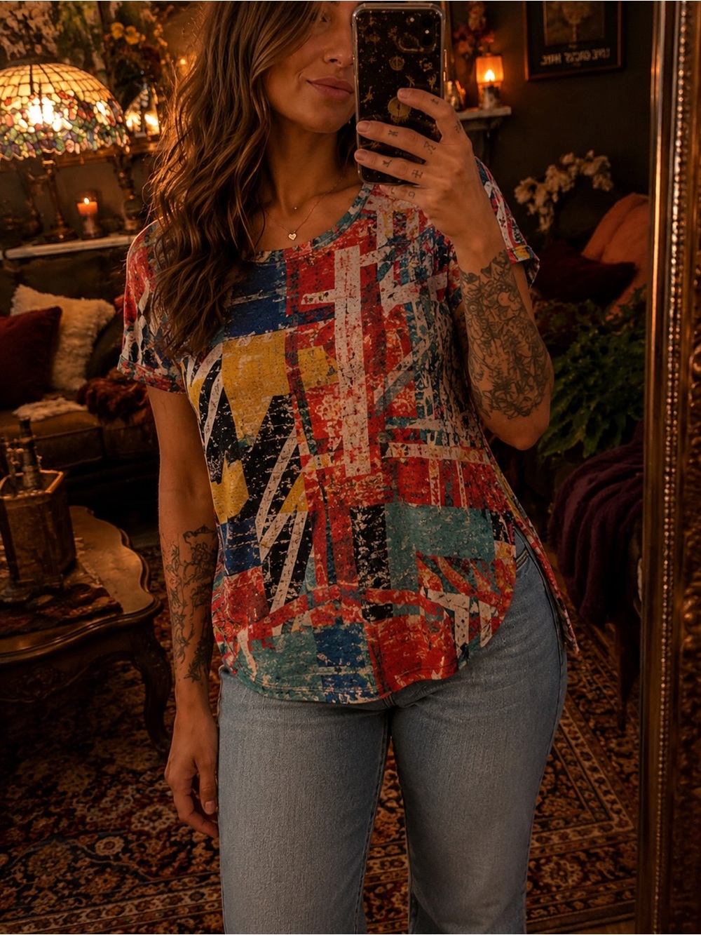 Abstract Multi-Color Short Sleeve Women's Top